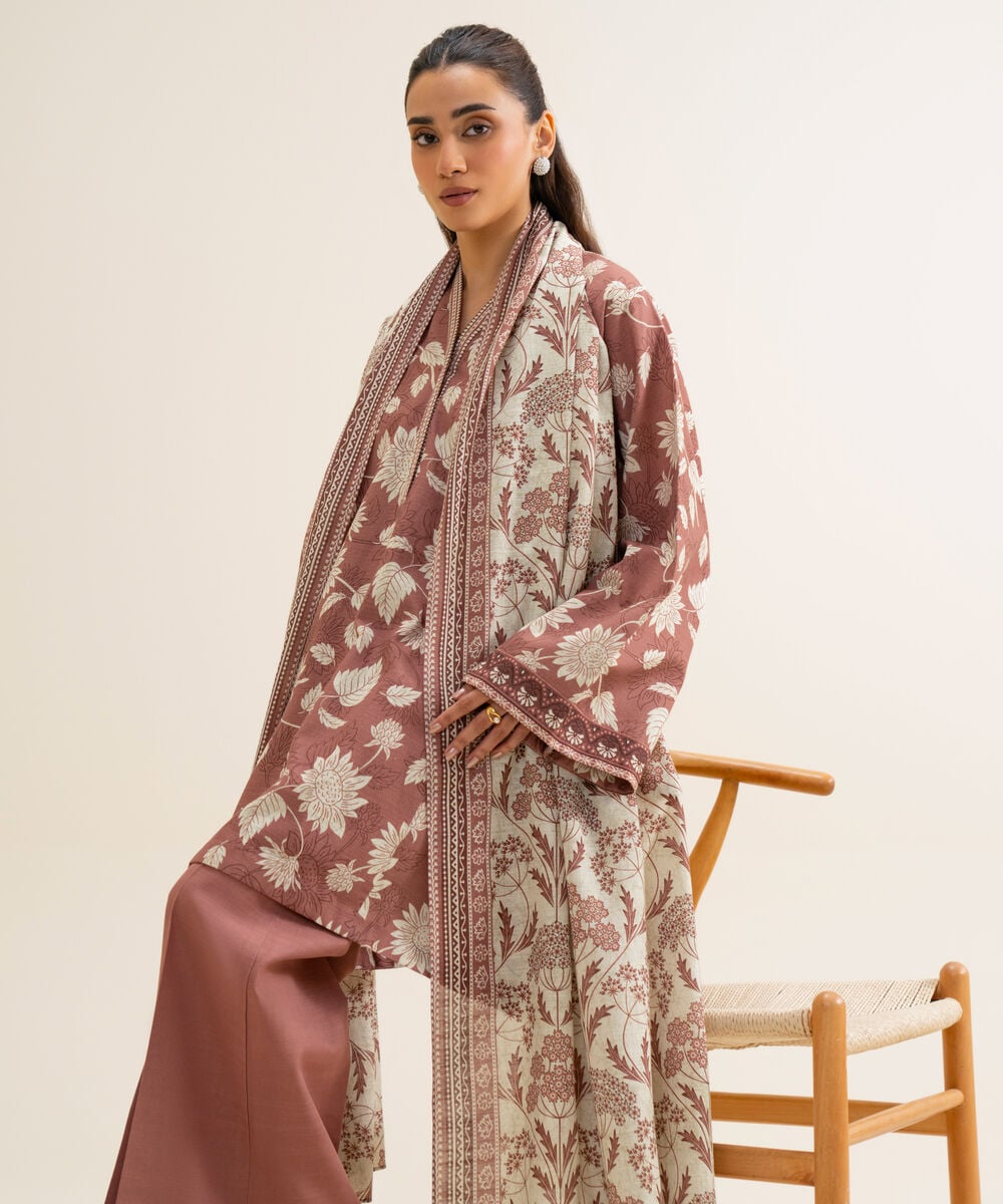 Women's Unstitched Premium Khaddar Printed Brown 3 Piece Suit