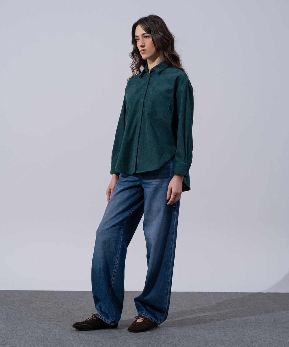 Women's Western Wear Teal Polyester Button Through Corduroy Shirt