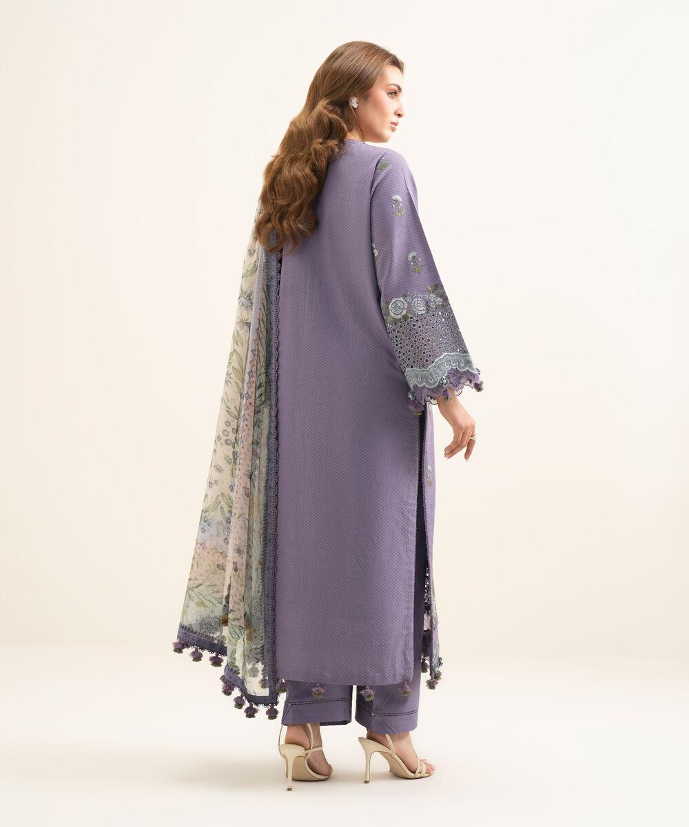 Women's Unstitched Dobby Embroidered Purple 3 Piece Suit