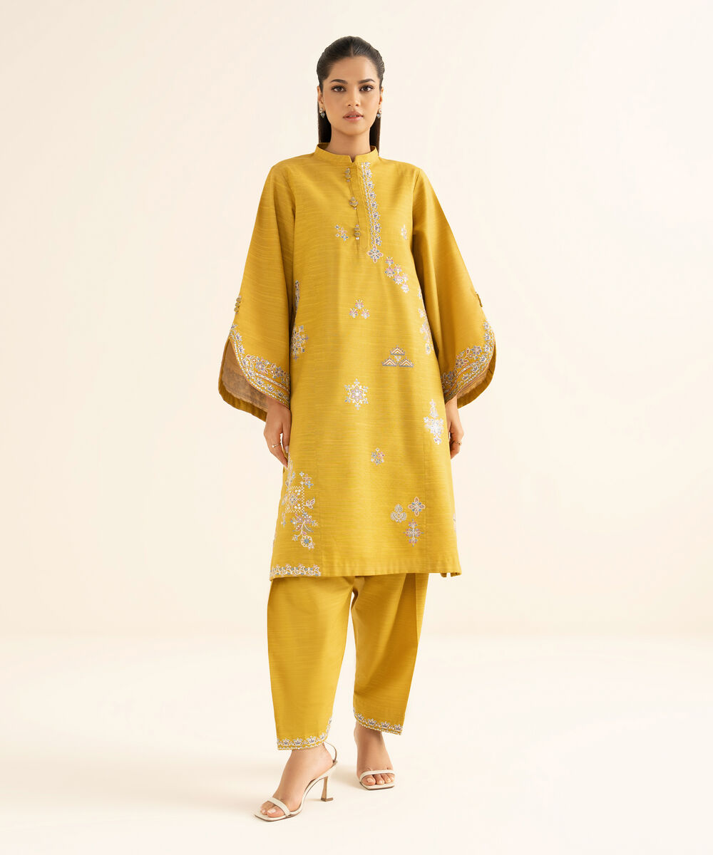 Women's Unstitched Cotton Embroidered Yellow 2 Piece Suit