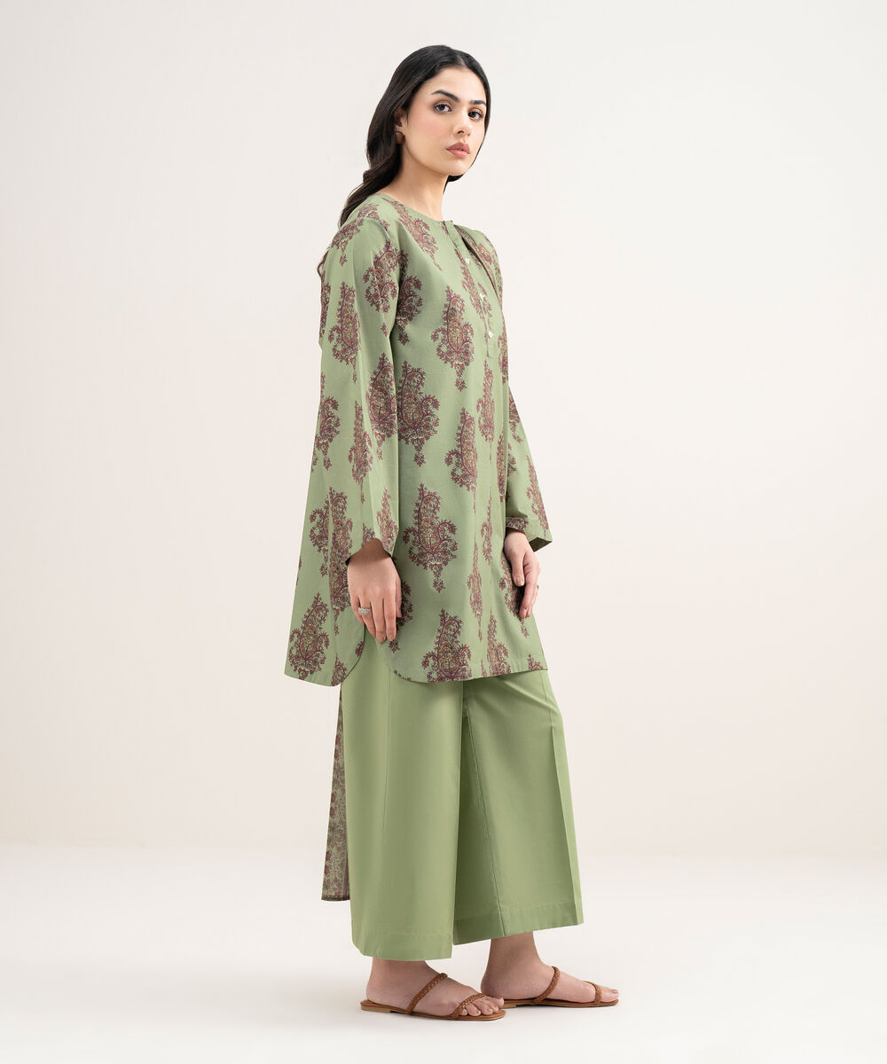 Women's RTW Cambric Printed Green 3 Piece Suit