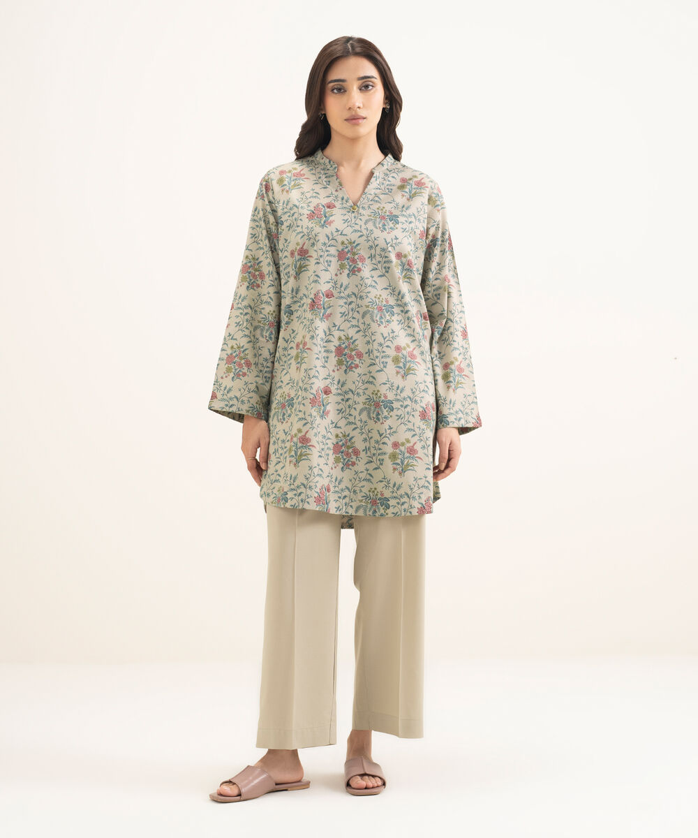 Women's RTW Cotton Viscose Printed Grey Straight Shirt