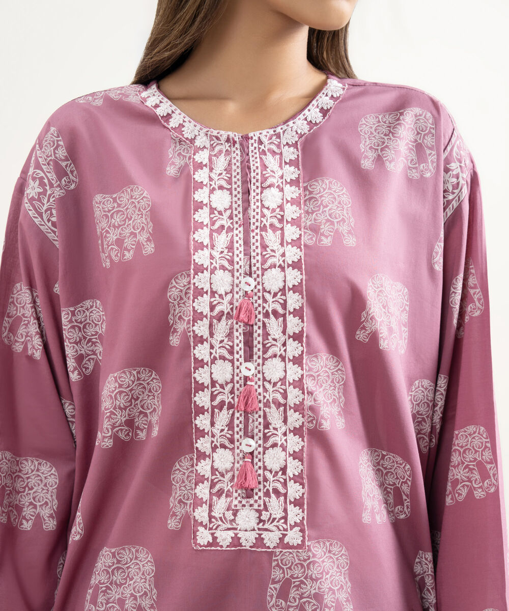 Women's RTW Lawn Embroidered Mauve Boxy Shirt