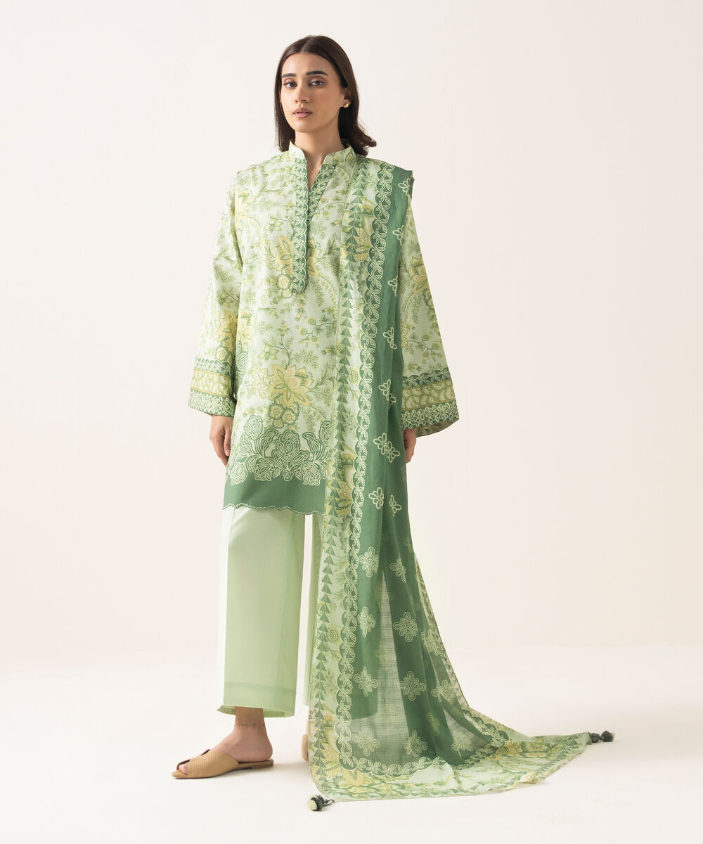 Women's Unstitched Lawn Printed Green 3 Piece Suit