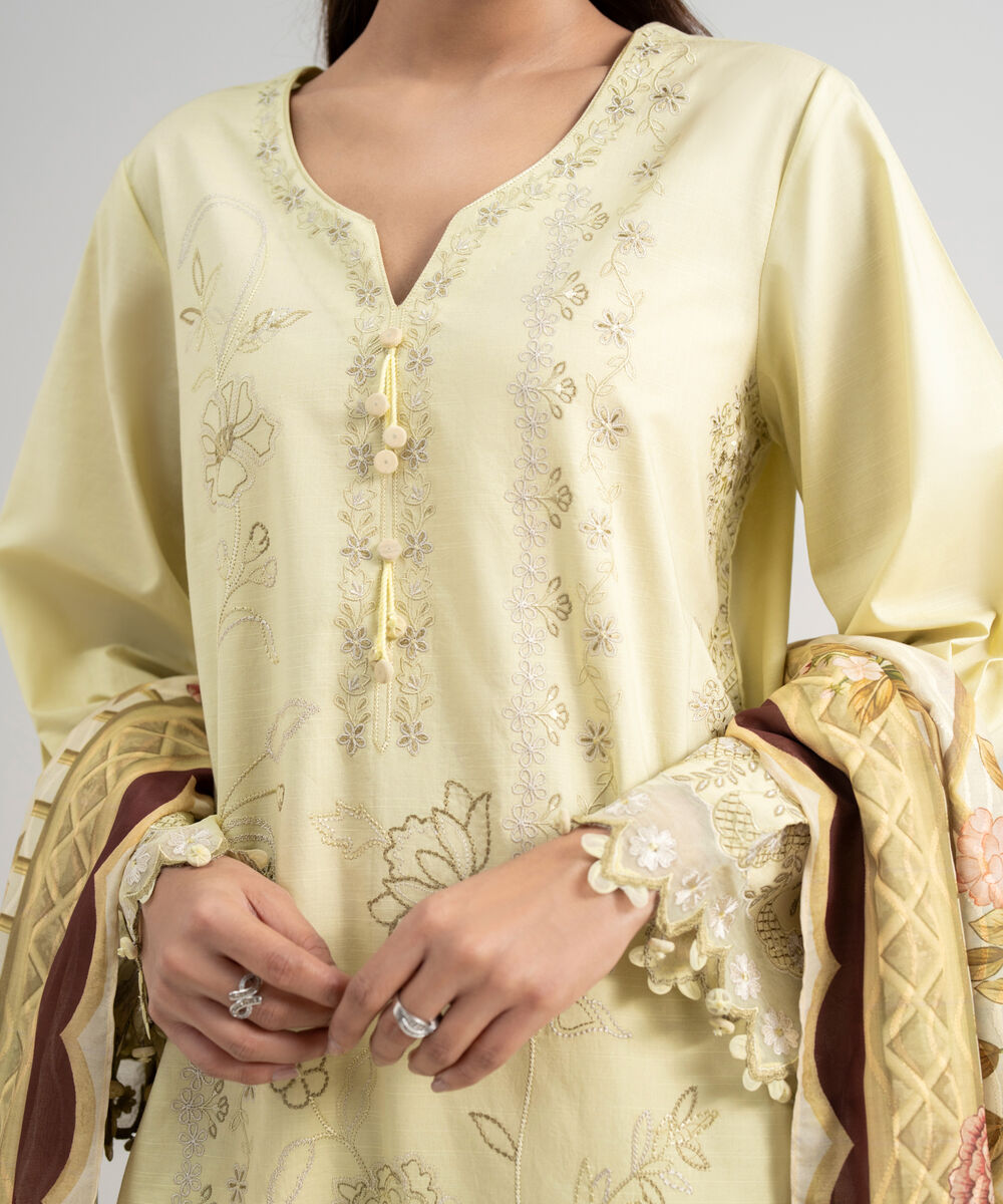 Women's Unstitched Lawn Embroidered Yellow 3 Piece Suit