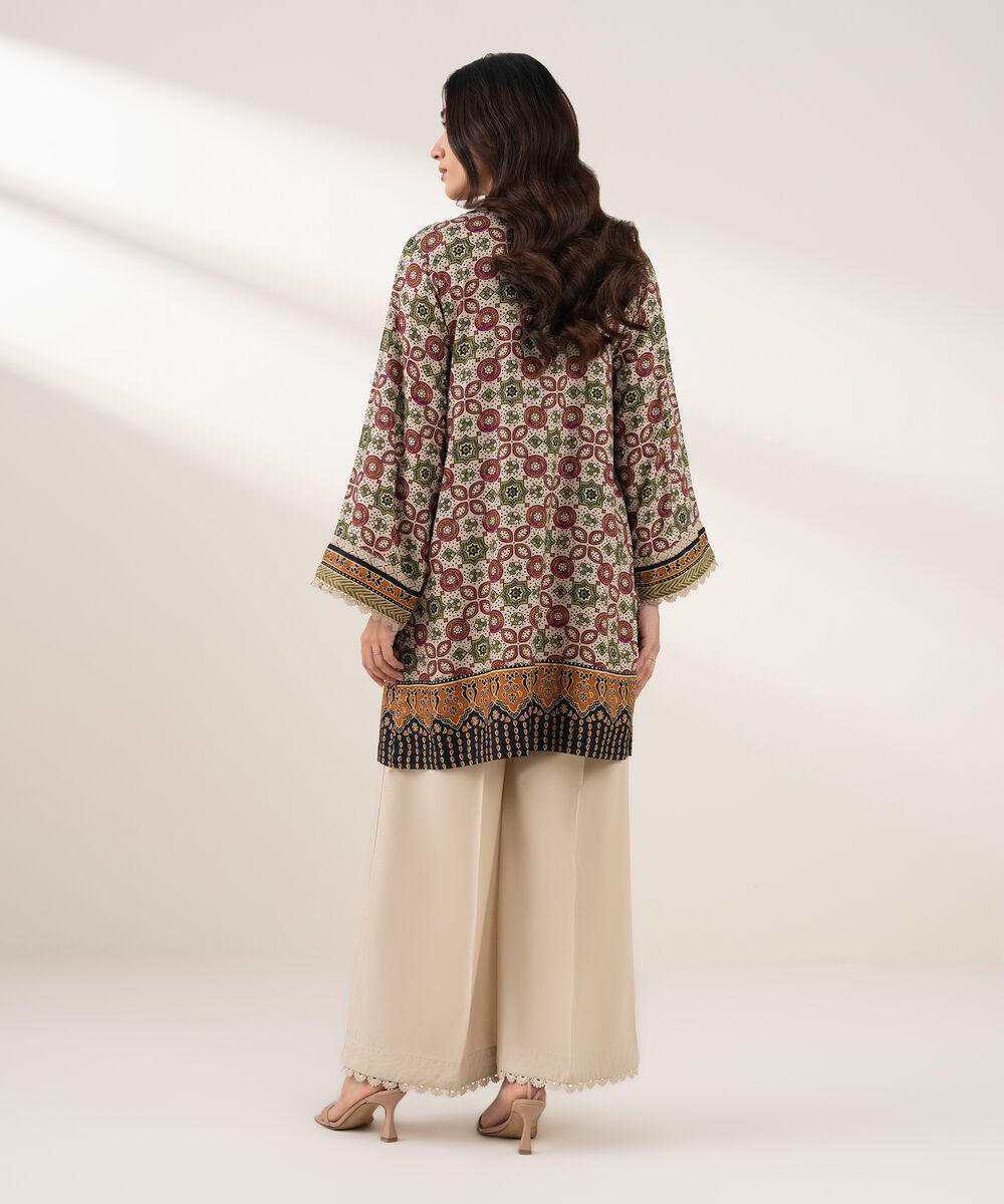 Women's RTW Viscose Linen Printed Straight Beige Shirt