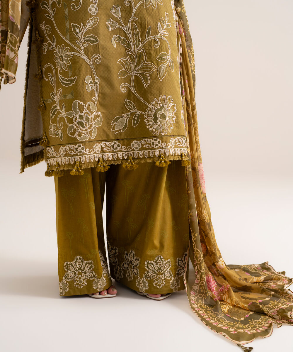 Women's Unstitched Embroidered Dobby Olive Green 3 Piece Suit