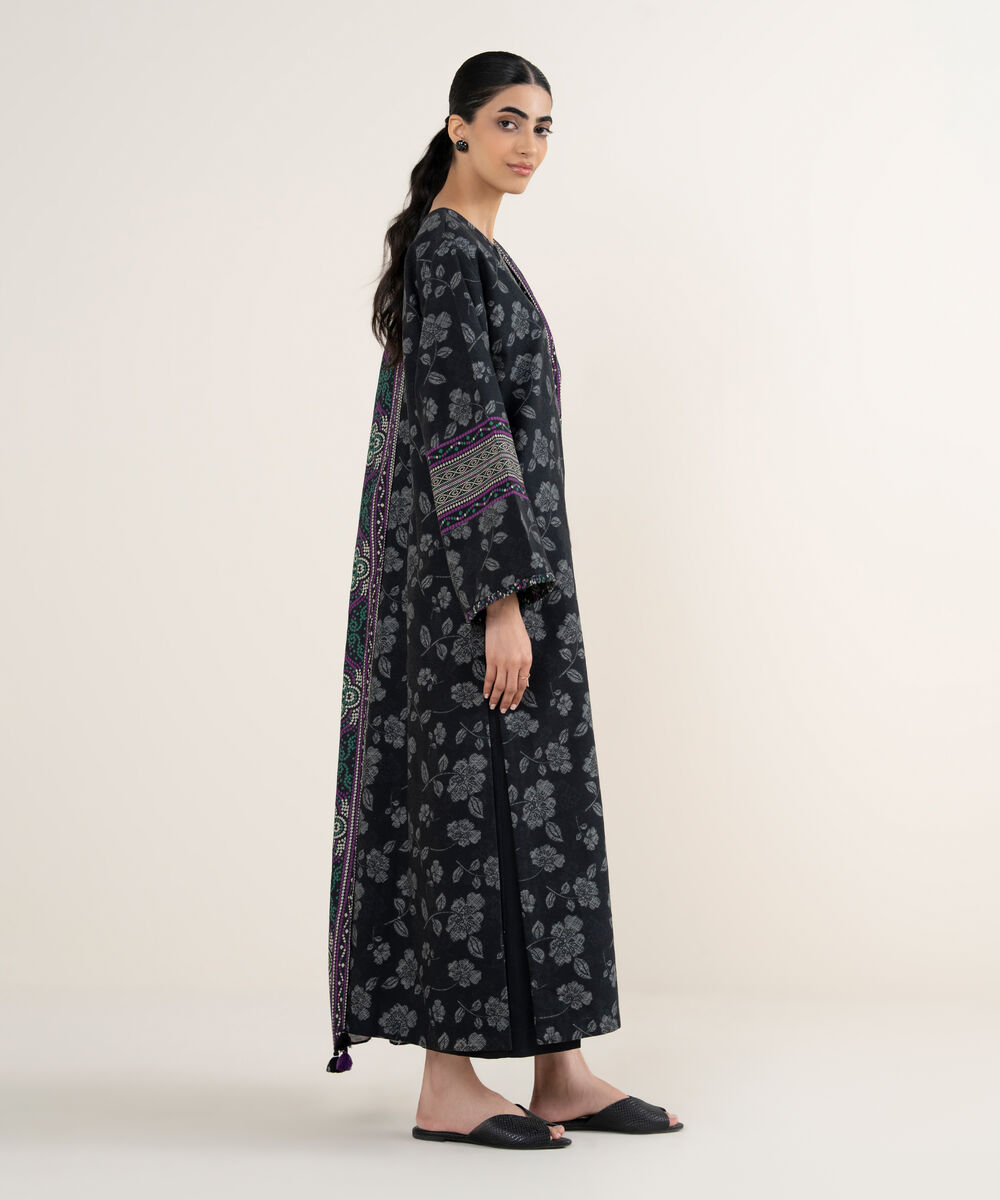 Women's Unstitched Printed Khaddar Black 3 Piece Suit