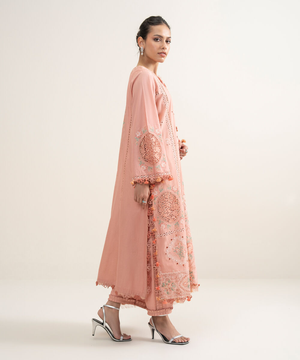 Women's Unstitched Slub Lawn Embroidered Coral Peach 3 Piece Suit