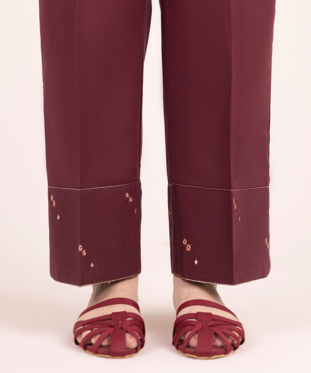 Women's RTW Khaddar Embroidered Brown Straight Pants
