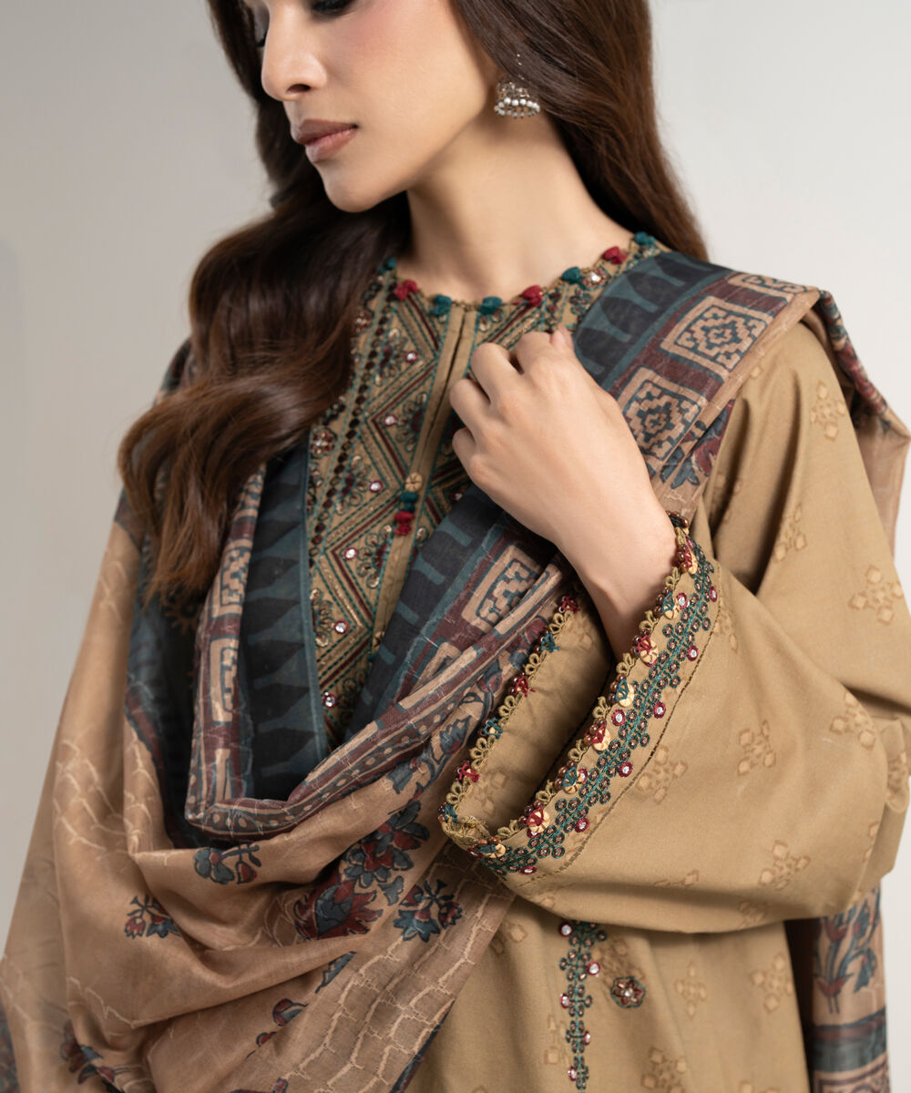 Women's Unstitched Lawn Embroidered Brown 3 Piece Suit