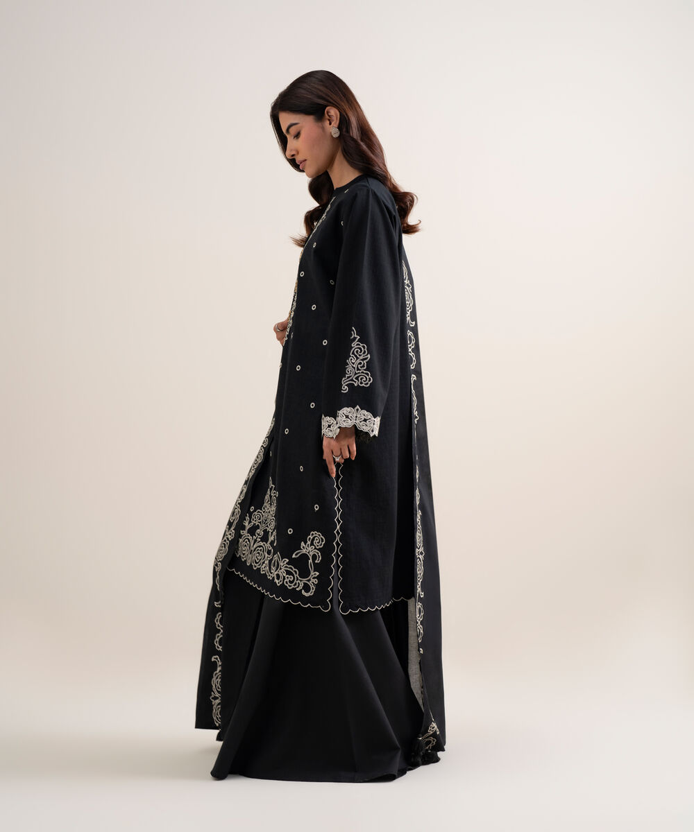 Women's Unstitched Dobby Embroidered Black 3 Piece Suit