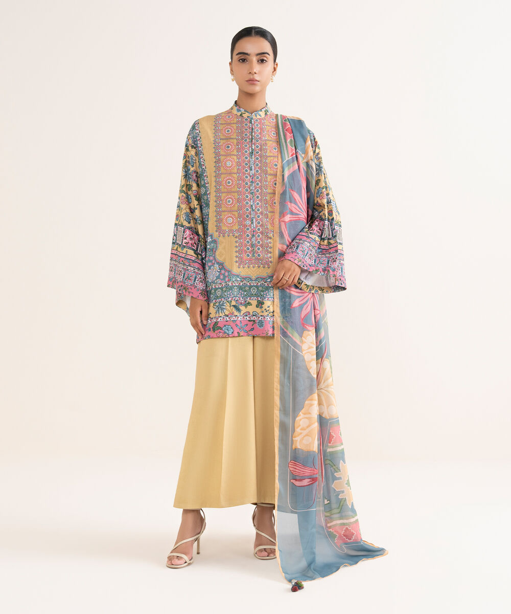 Women's Unstitched Lawn Embroidered Yellow Three Piece Suit