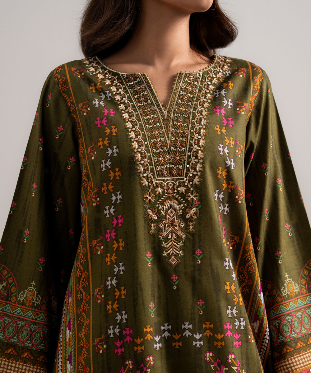 Women's Unstitched Printed Linen Brown 3 Piece Suit