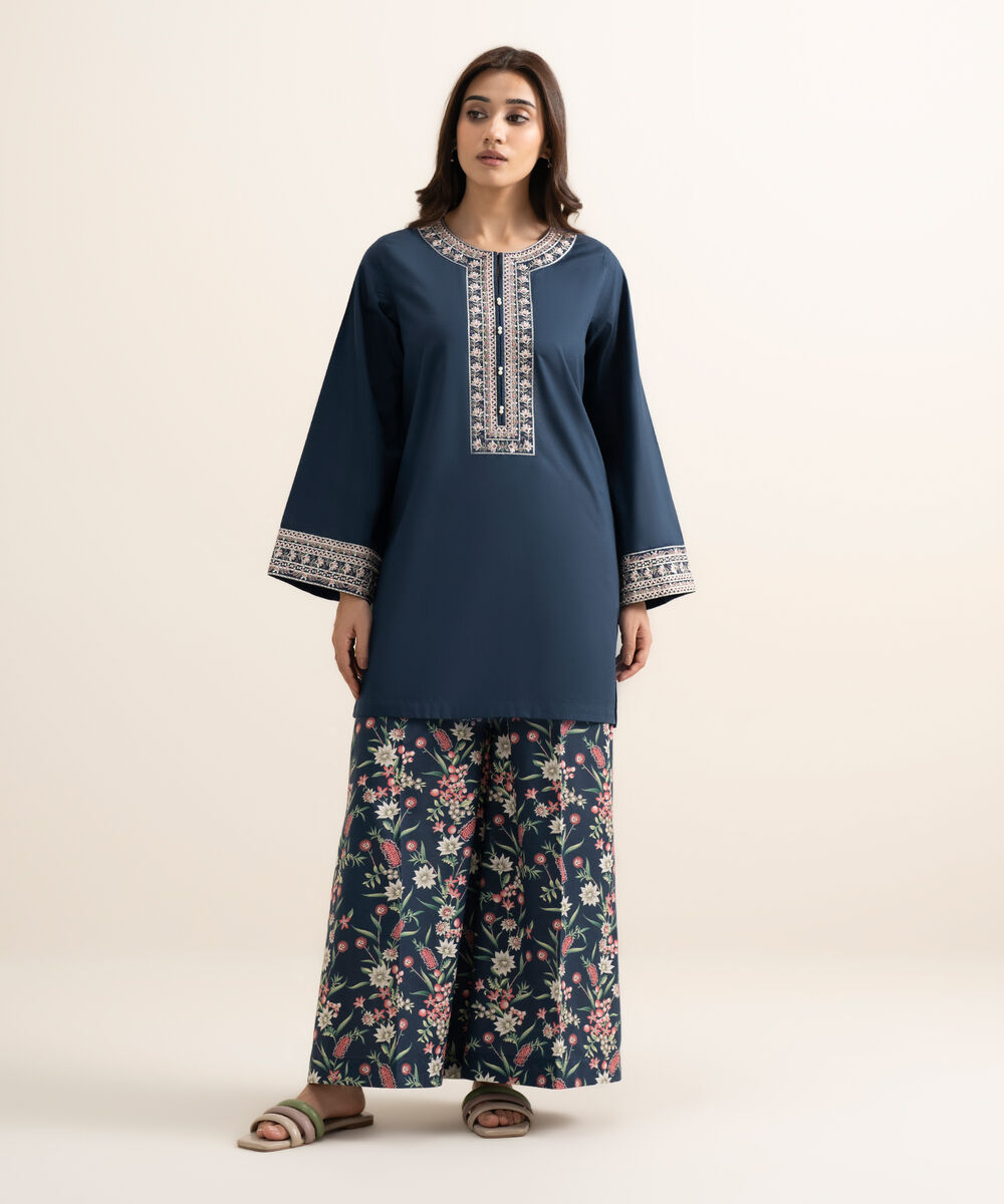 Women's RTW Cambric Embroidered Blue Straight Shirt