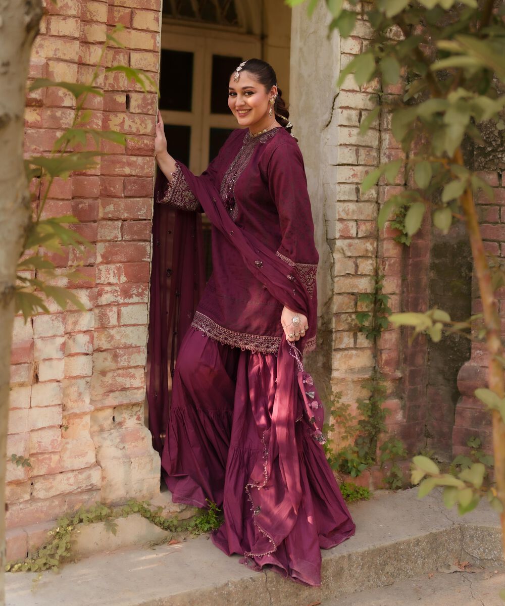 Women's Unstitched Extra Weft Jacquard Embroidered Pink 3 Piece Suit