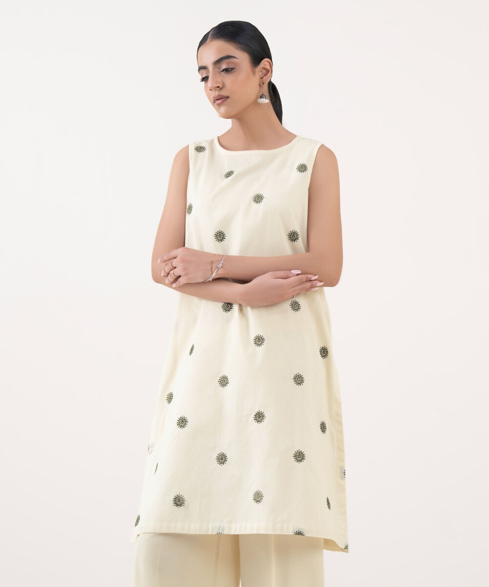 Women's RTW Textured Cotton White Embroidered A-Line Shirt