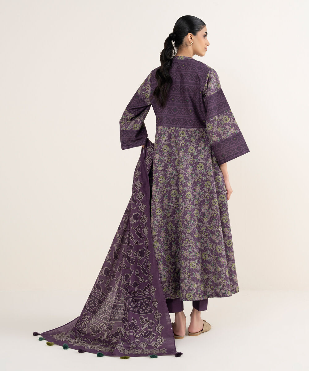 Women's Unstitched Printed Dobby Purple 3 Piece Suit