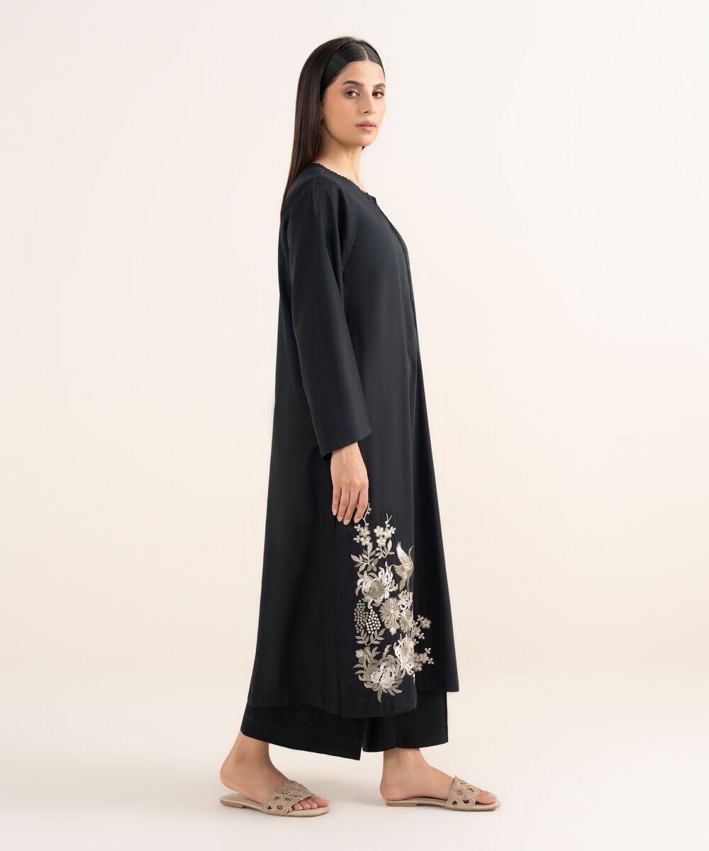 Women's RTW Lawn Viscose Black Embroidered A-Line Shirt