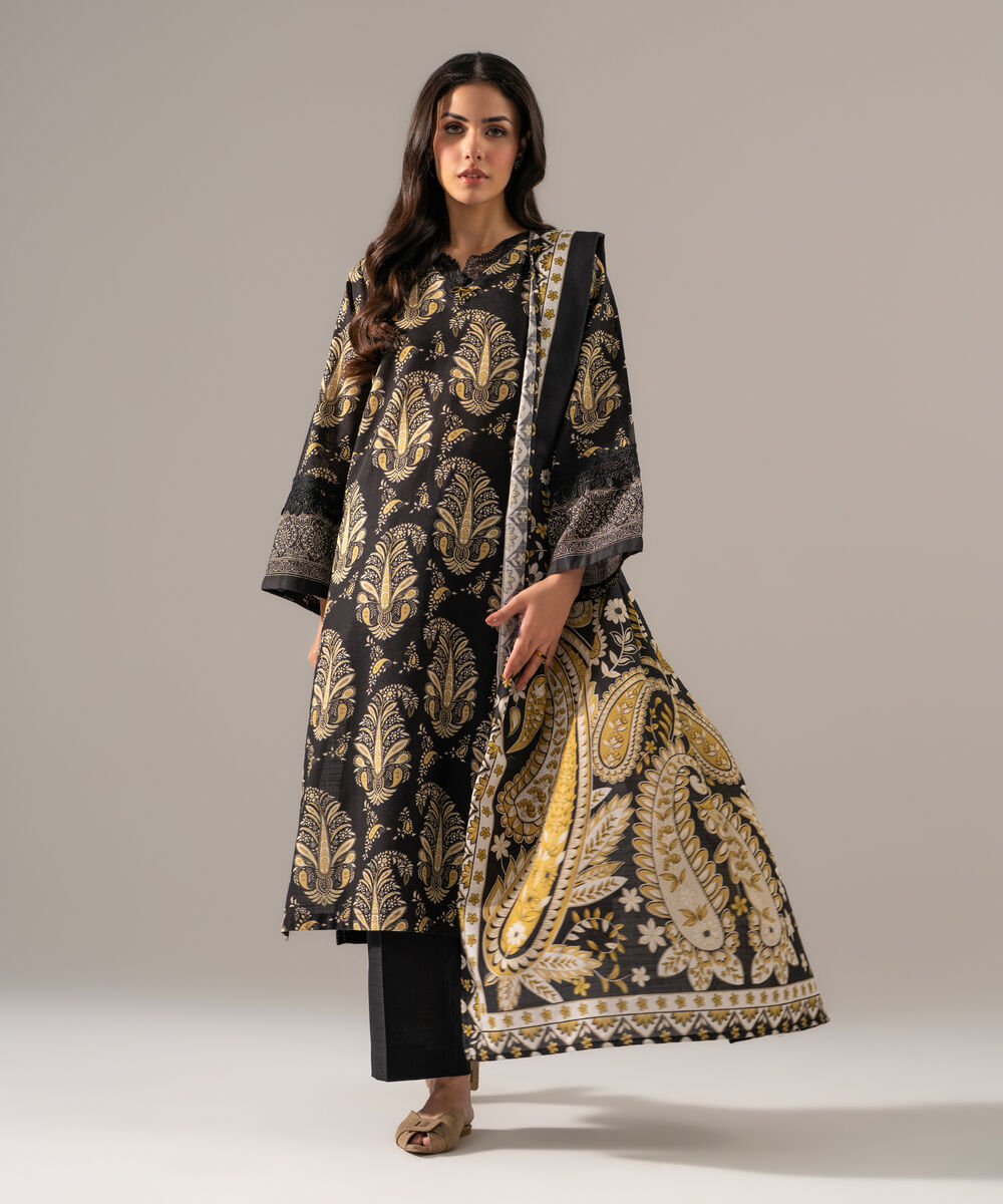 Women's RTW Khaddar Printed Black 3 Piece Suit