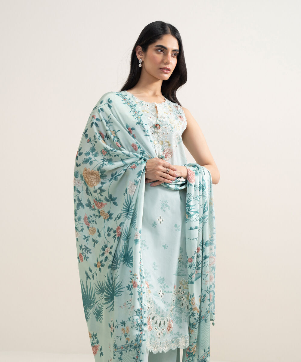 Women's Unstitched Lawn Embroidered Aqua 3 Piece Suit