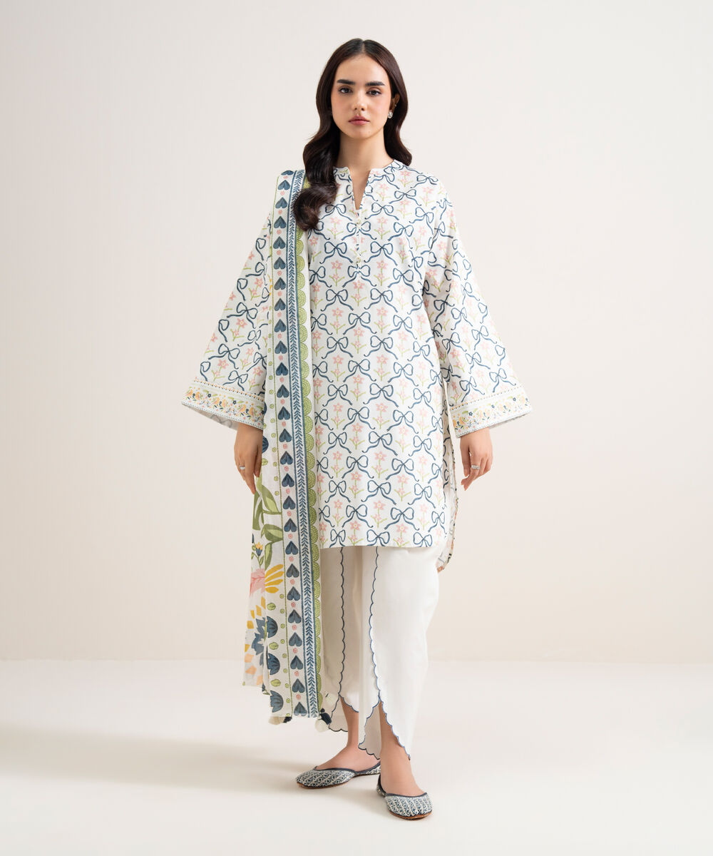 Women's Unstitched Lawn Printed Off White & Blue  3 Piece Suit