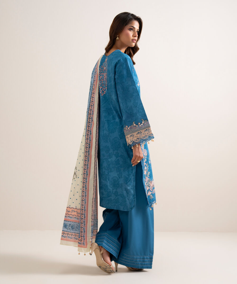 Women's Unstitched Lawn Embroidered Blue  3 Piece Suit