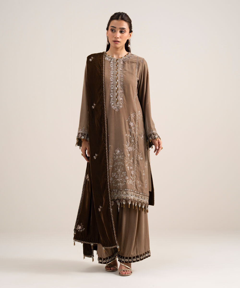 Women's Unstitched Embroidered Velvet Beige 3 Piece Suit