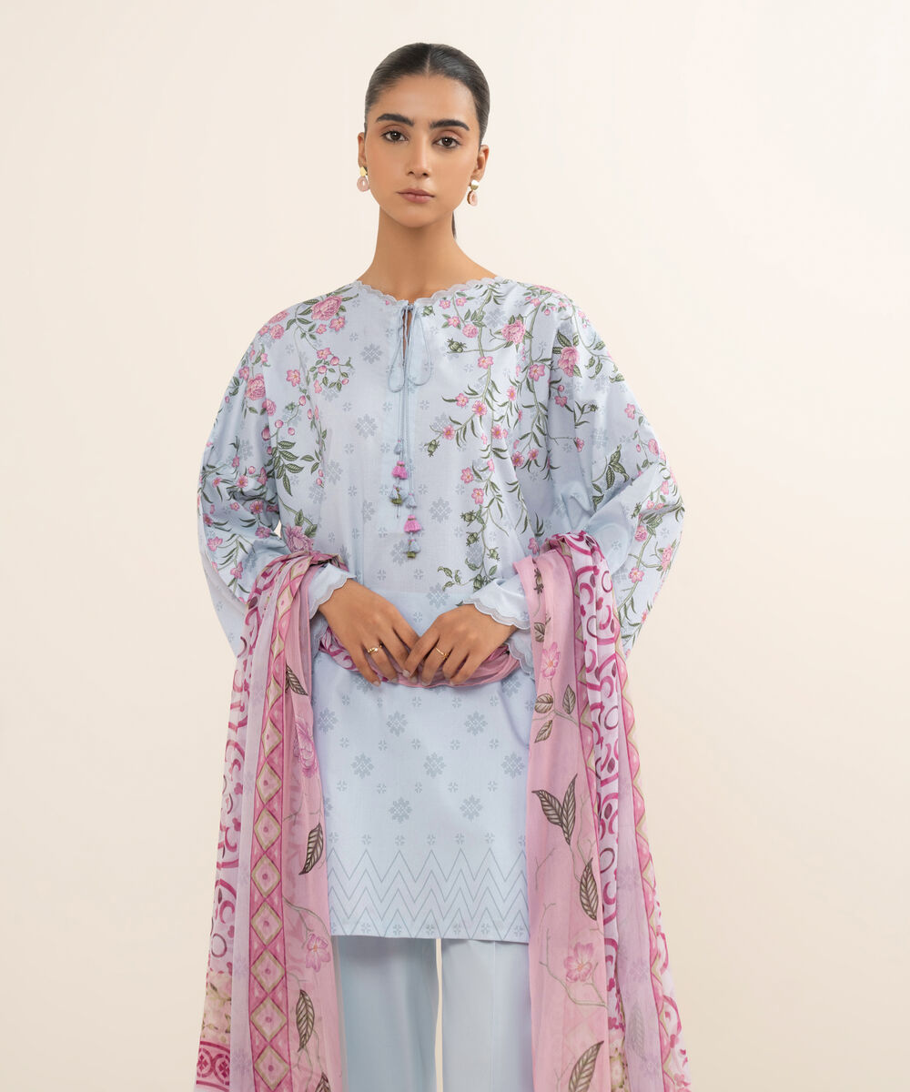 Women's Unstitched Lawn Printed Blue 3 Piece Suit