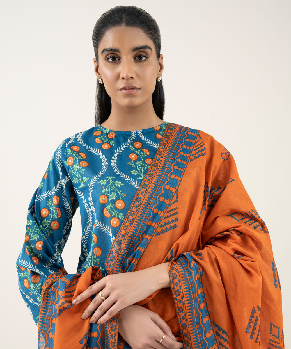 Women's Unstitched Lawn Printed Blue 3 Piece Suit