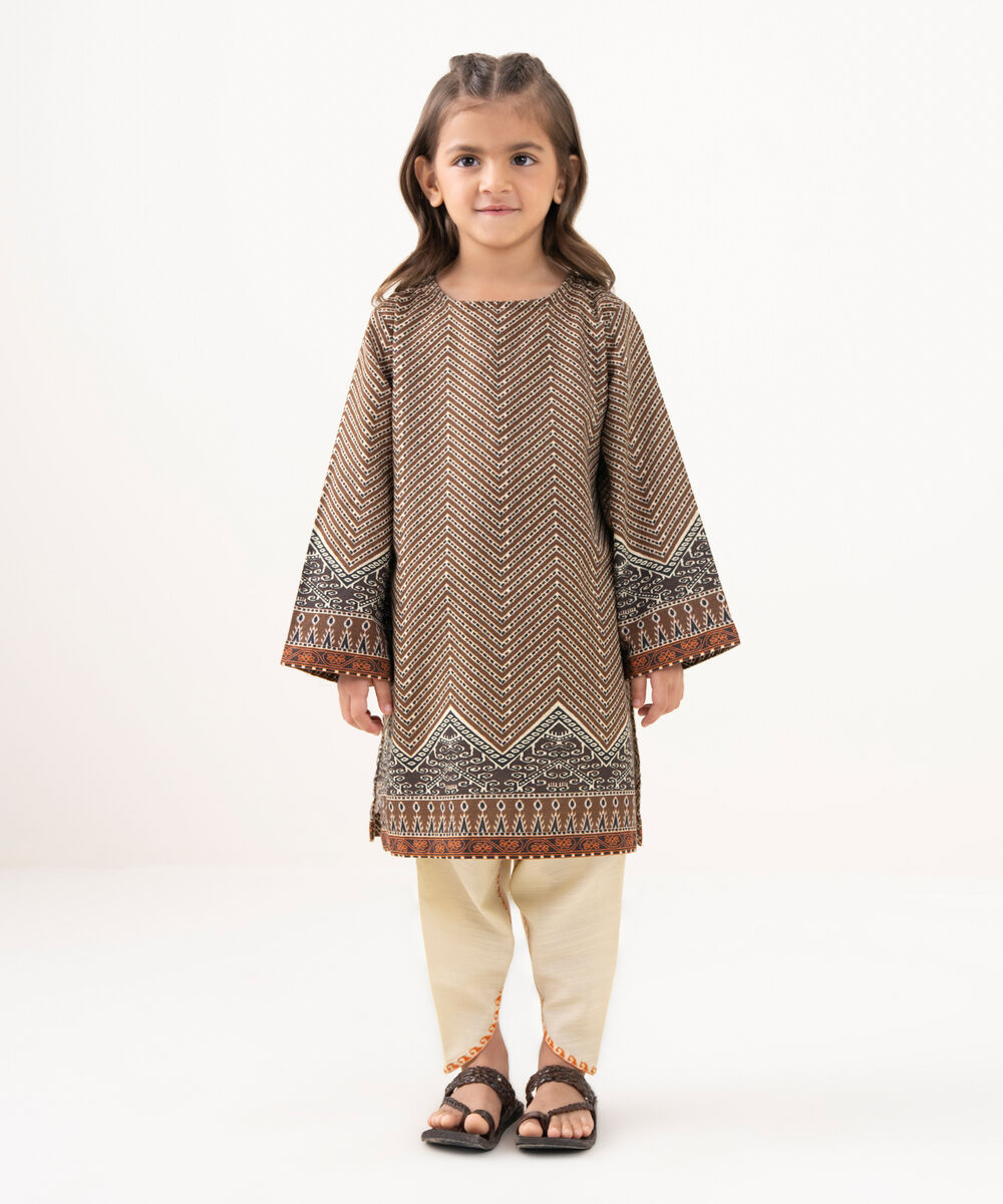 Girl's Light Khaddar Printed Brown 2 Piece Suit