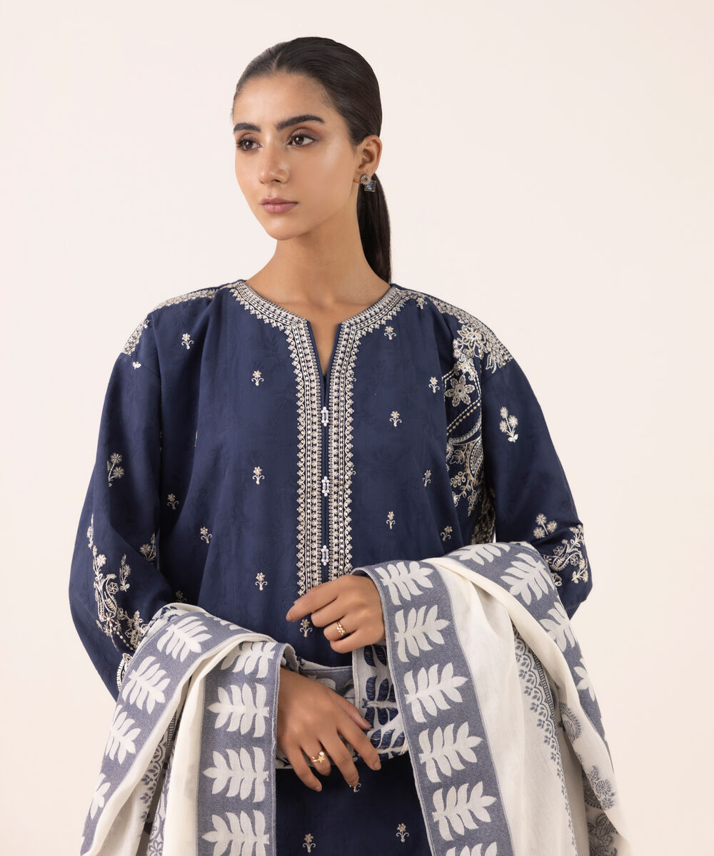Women's Unstitched Jacquard Embroidered Blue Three Piece Suit
