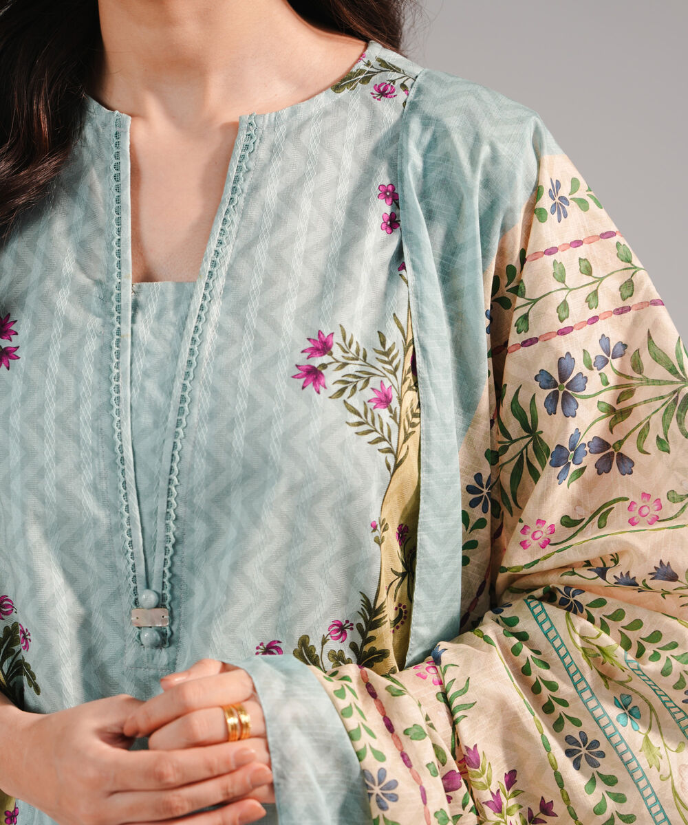 Women's RTW Dobby Printed Blue 3 Piece Suit