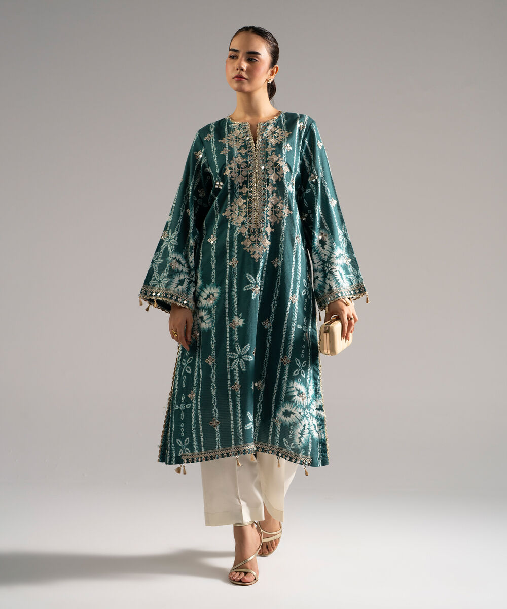 Women's RTW Dobby Embroidered Green Straight Shirt