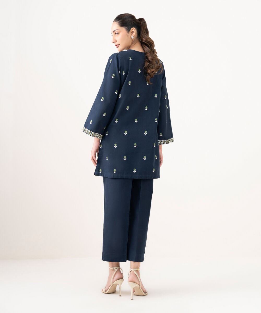 Women's RTW Light Khaddar Embroidered Blue Straight Shirt