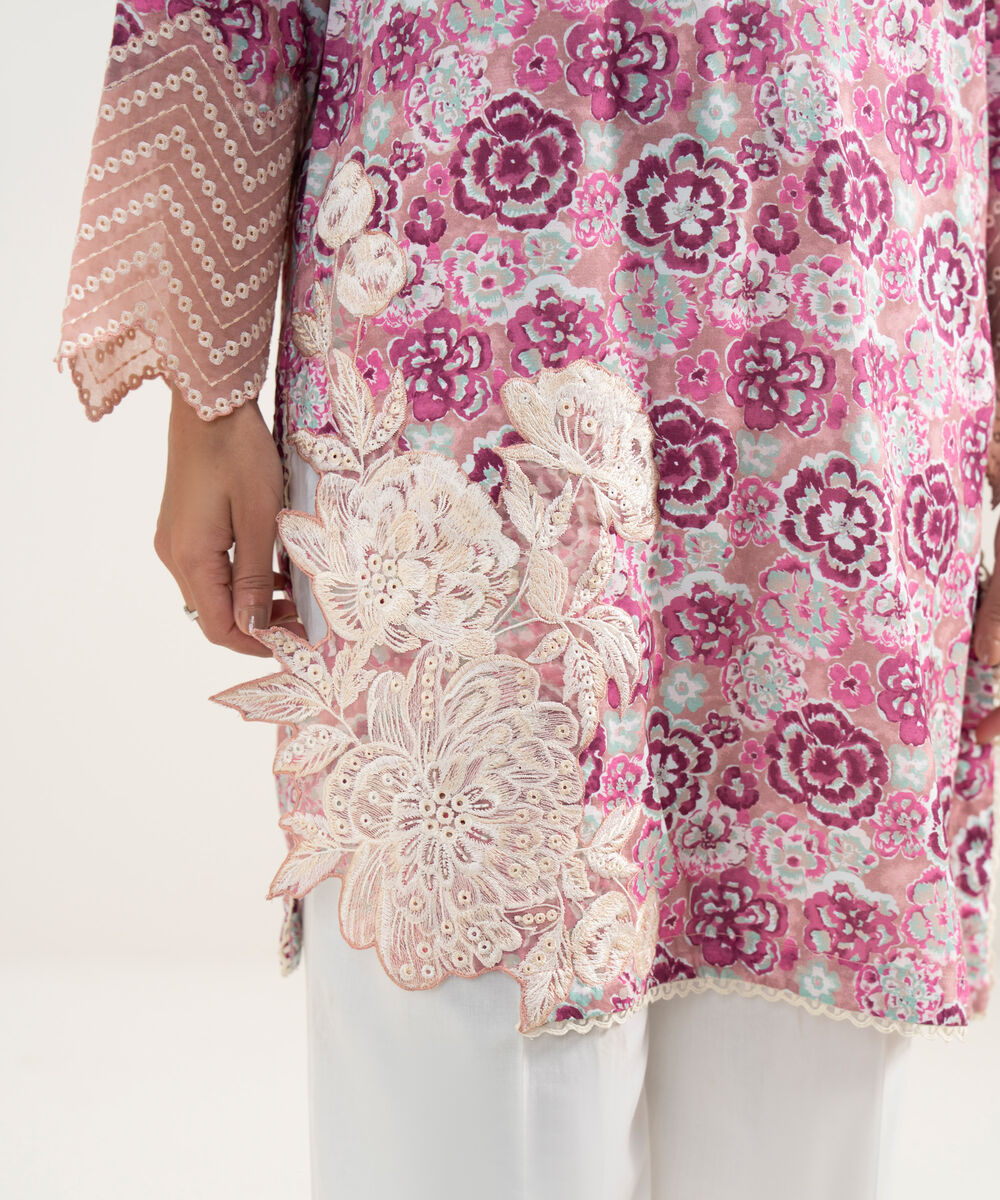 Women's RTW Viscose Raw Silk Embroidered Pink Straight Shirt