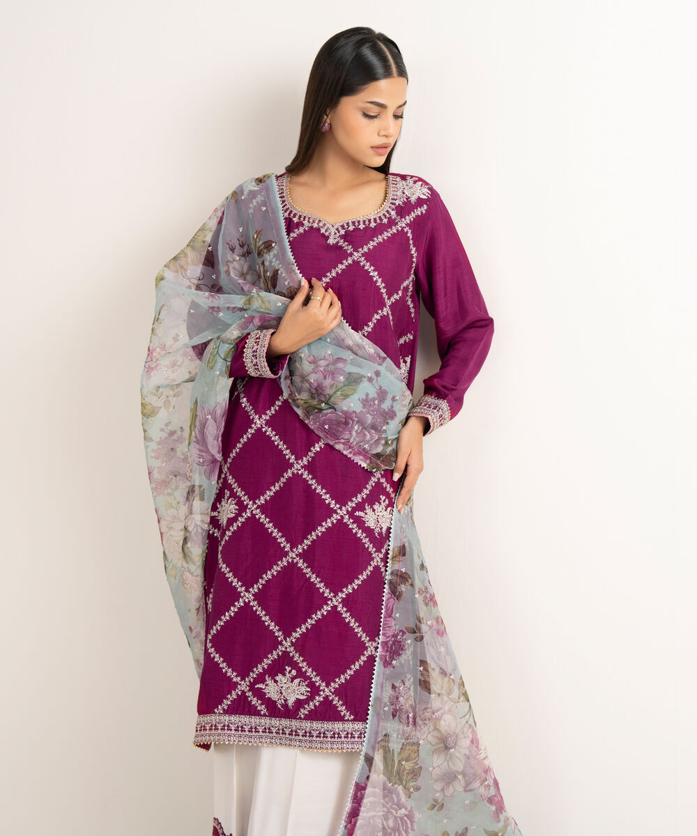 Women's RTW Raw Silk Purple Embroidered 3 Piece Suit