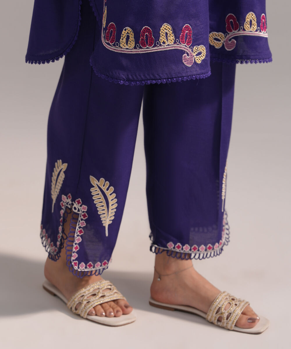 Women's RTW Viscose Raw Silk Embroidered Blue 2 Piece Suit