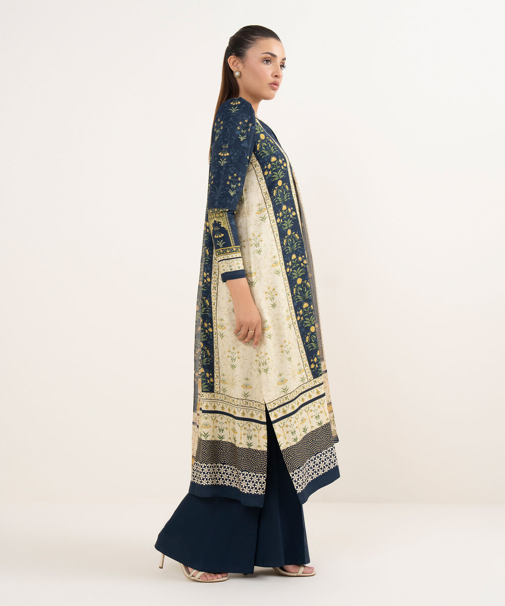 Women's Unstitched Arabic Lawn Printed Blue 3 Piece Suit