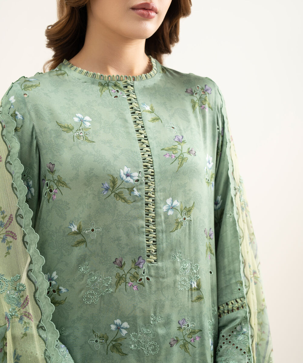Women's Unstitched Viscose Satin Green Embroidered 3 Piece Suit