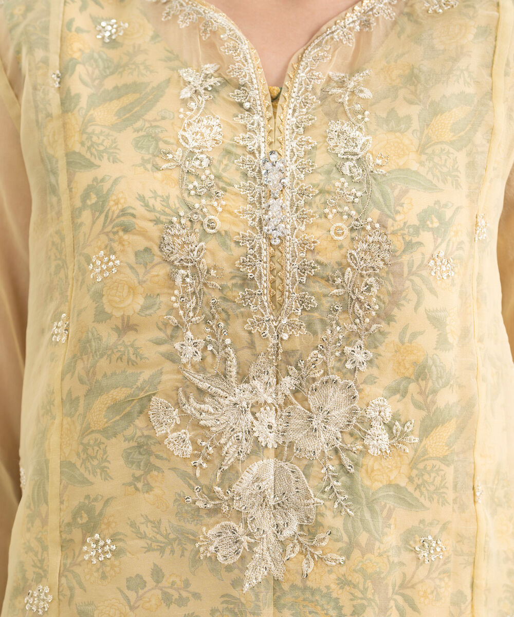 Women's RTW Blended Organza Embroidered Yellow 3 Piece Suit