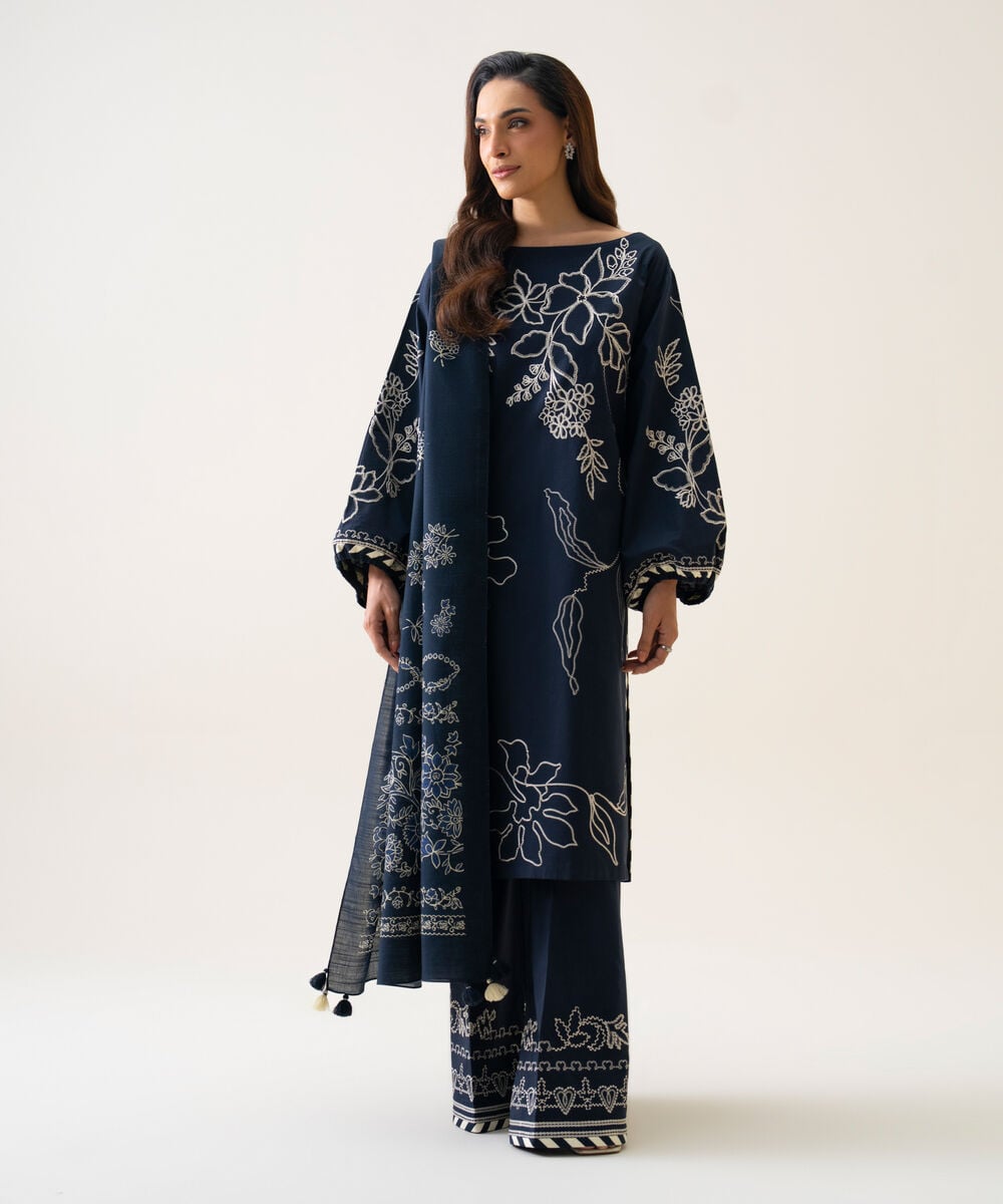 Women's Unstitched Textured Cotton Embroidered Dark Blue 3 Piece Suit