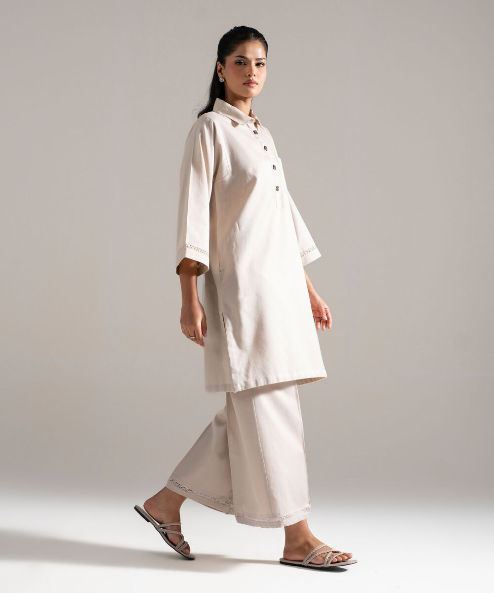 Women's RTW Cotton Linen Solid Beige 2 Piece Suit