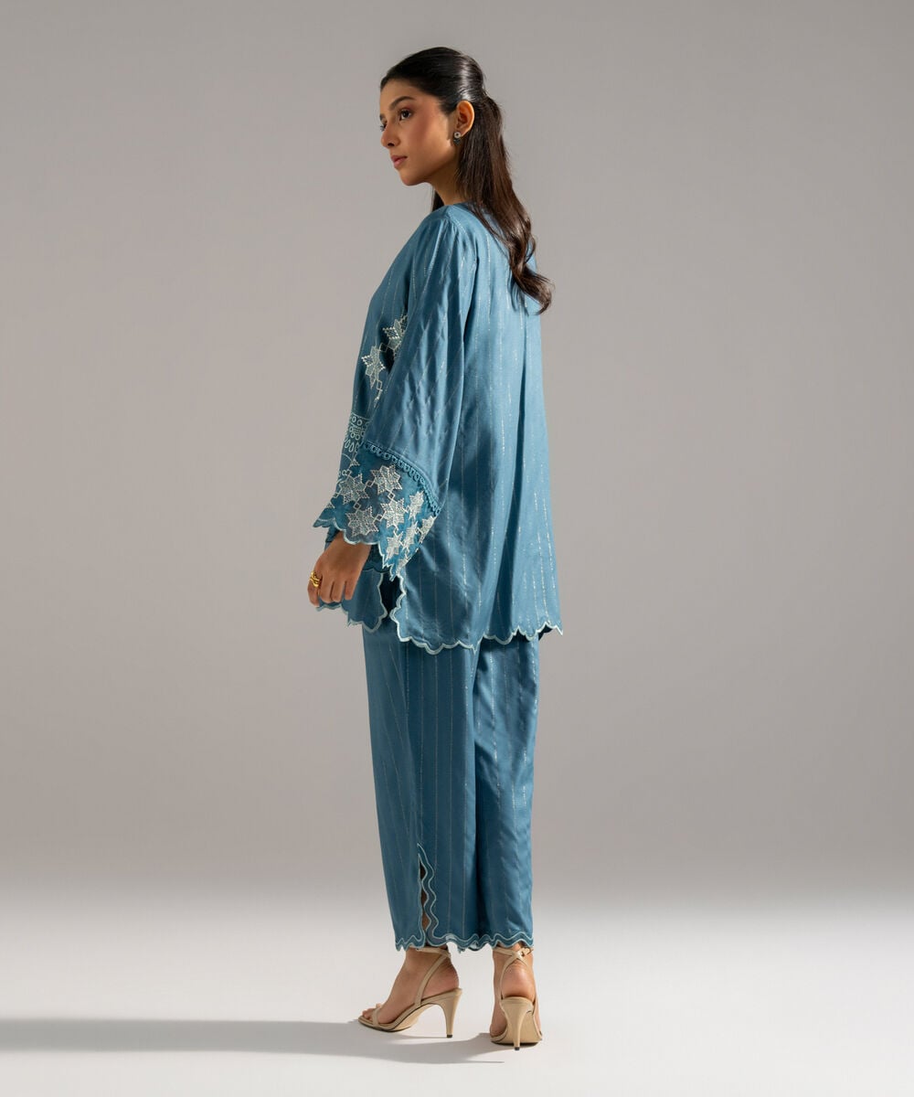 Women's RTW Dobby Crepe Lurix Solid Embroidered Teal Straight Shirt