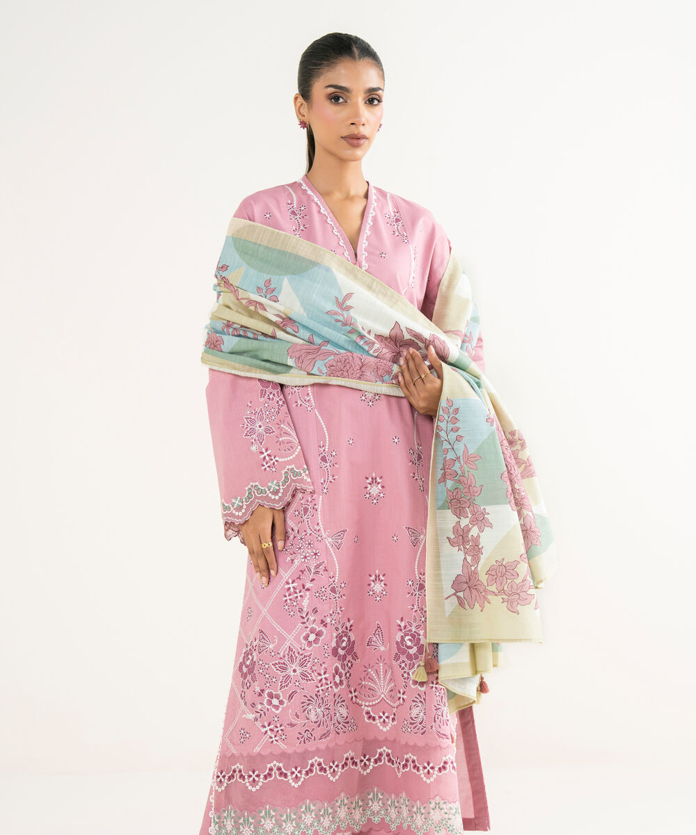 Women's Unstitched Cross Hatch Embroidered Pink 3 Piece Suit