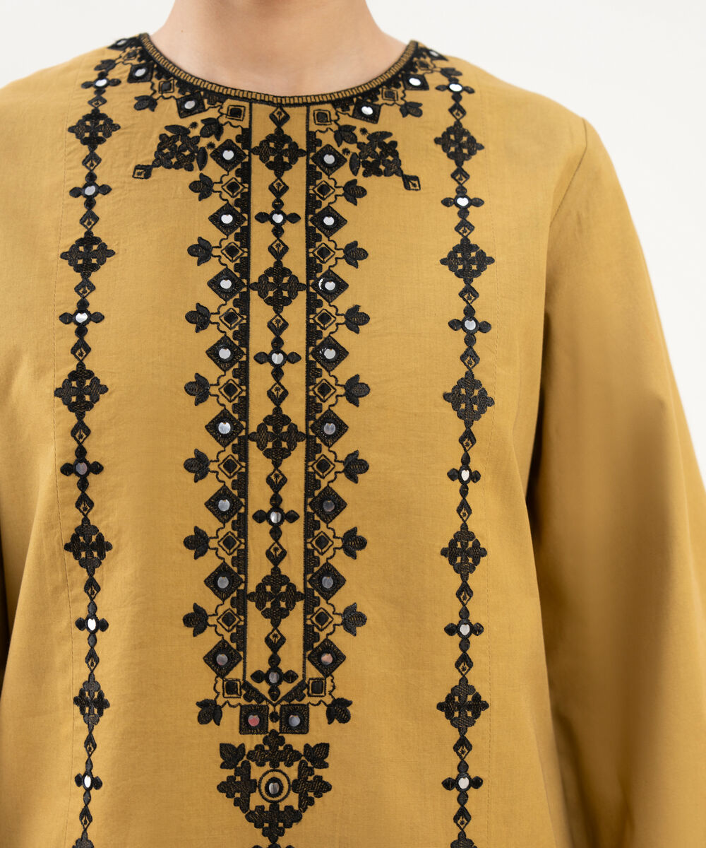 Women's Unstitched Cotton Embroidered Yellow 3 Piece Suit