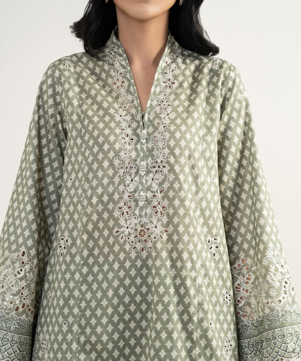 Women's Unstitched Cotton Jacquard Embroidered Green 3 Piece Suit