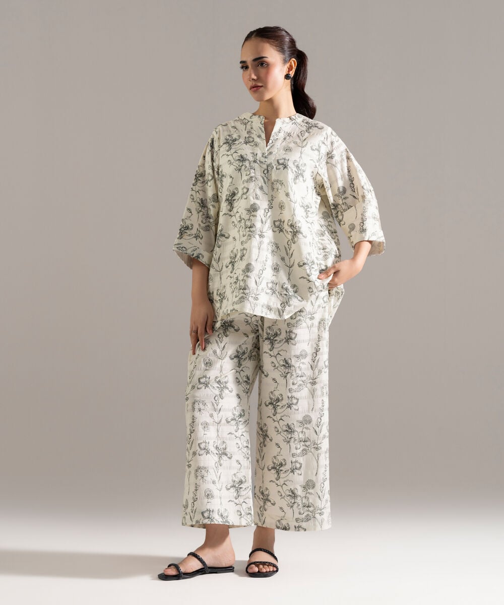 Women's RTW Seersucker Printed Cream White 2 Piece Suit
