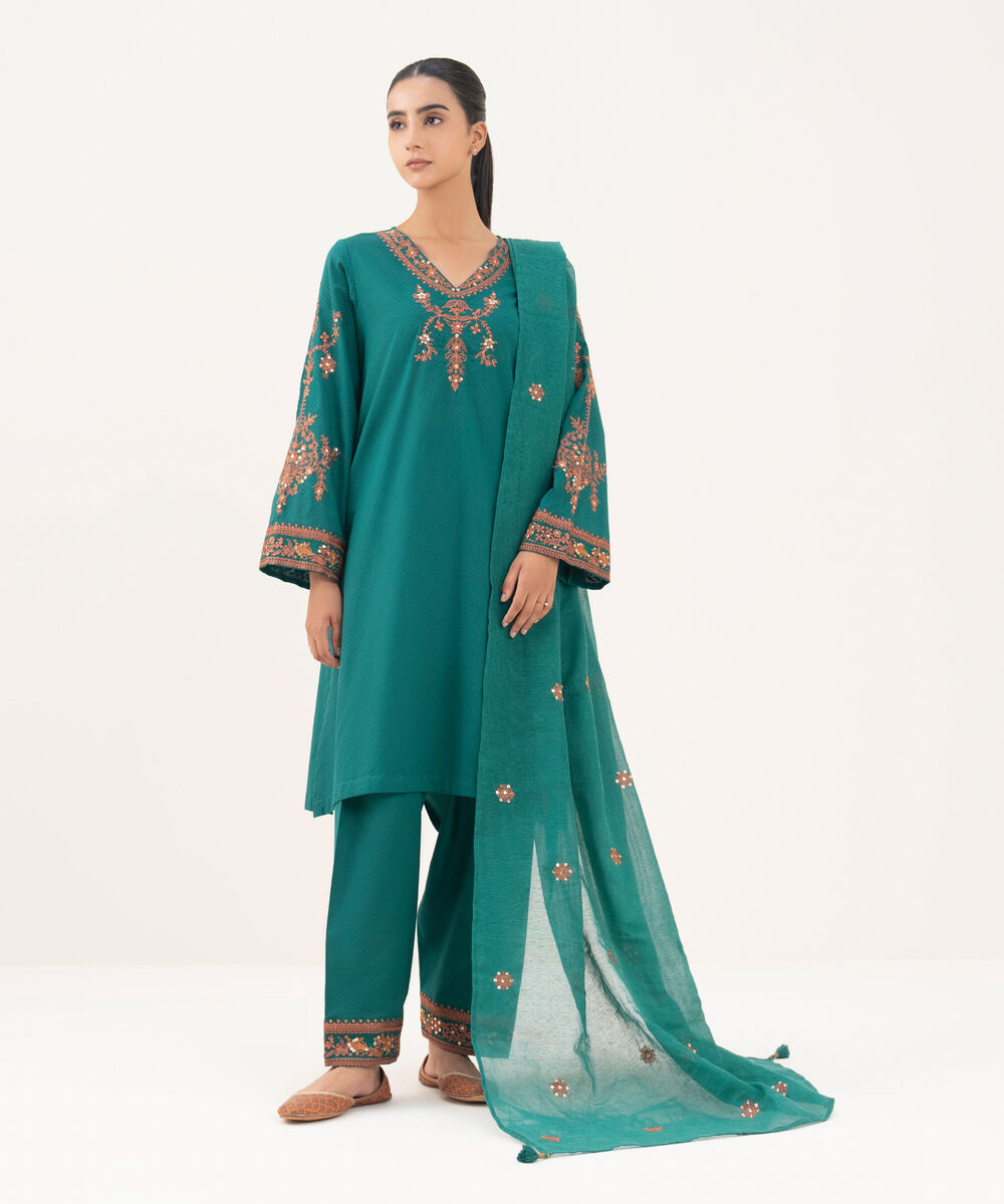 Women's RTW Textured Lawn Green Embroidered A-Line Shirt