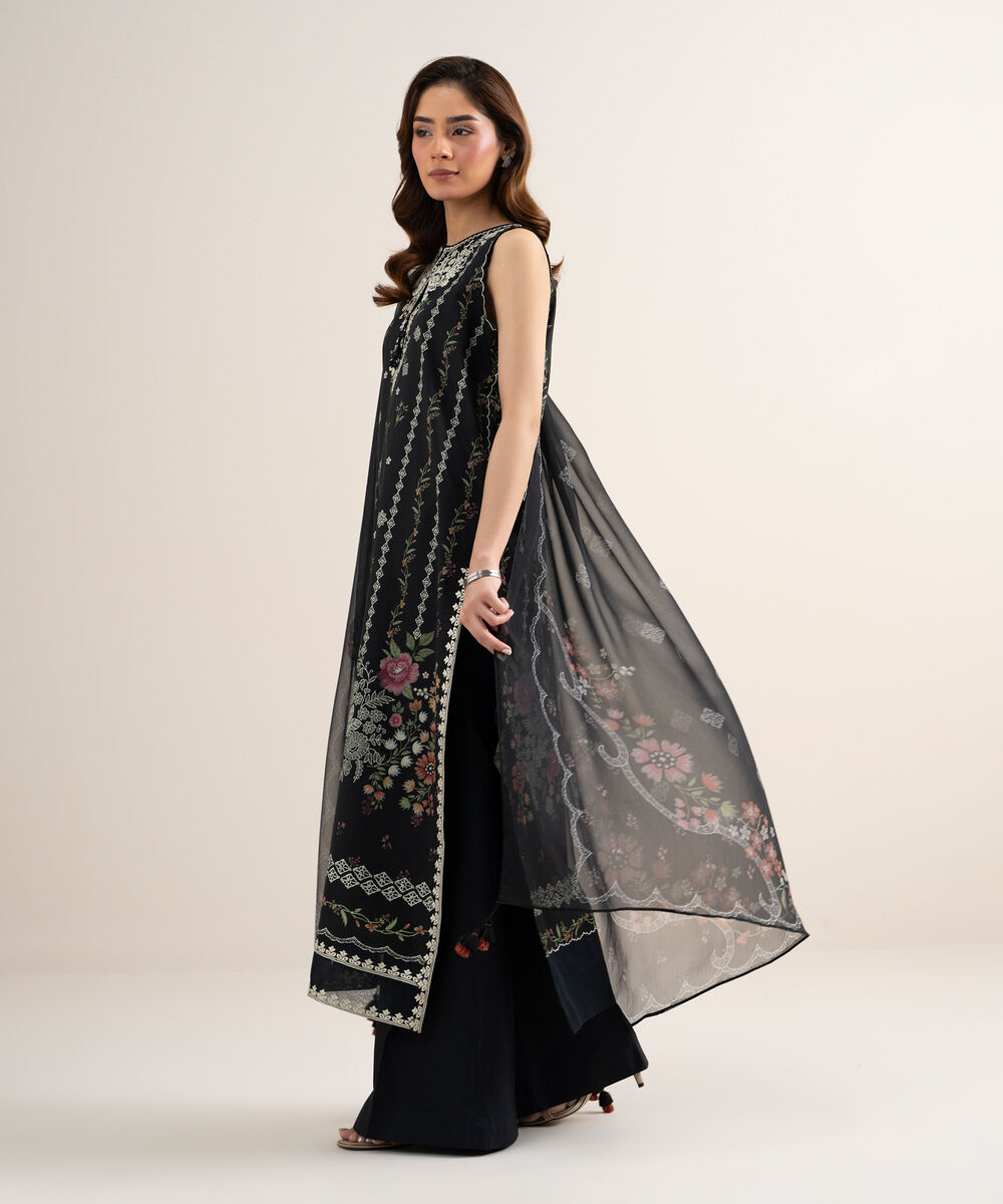 Women's Unstitched Lawn Embroidered Black  3 Piece Suit